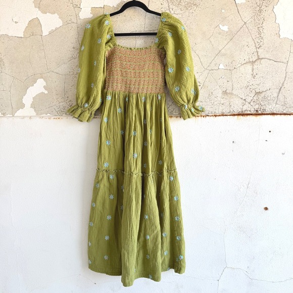 Dresses & Skirts - Midi Dress Smocked Puff Sleeve Floral Embroidered Gauze Cottagecore Boho Medium